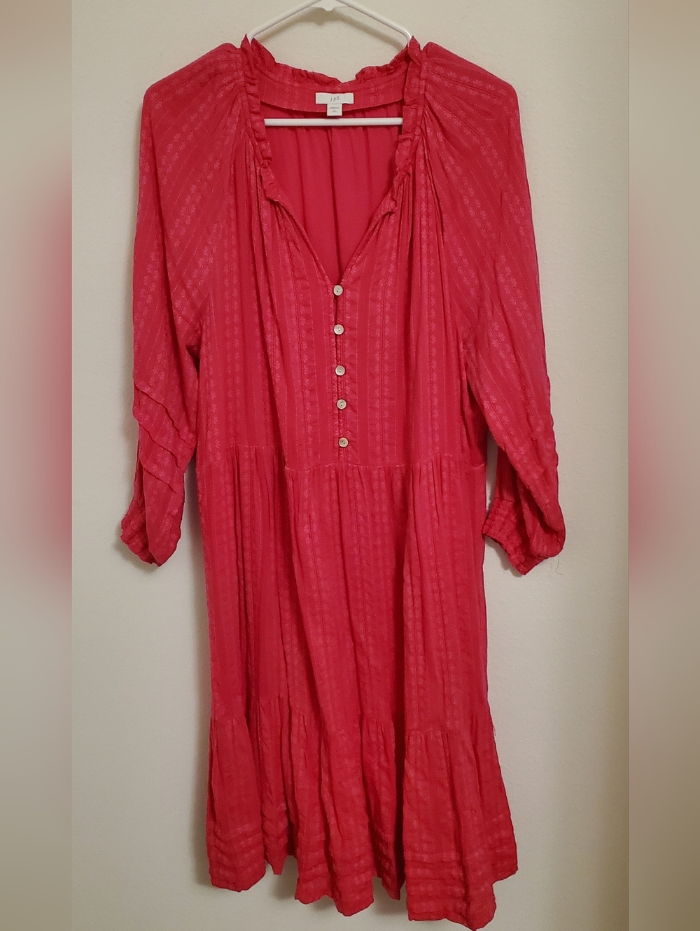 J. Jill Ruffle-Neck Hot Pink Tiered Dress Size Large Tall Cottagecore Boho